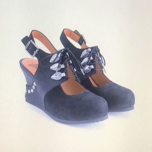 John Fluevog Black Leather Zenobia Conquer Slingback Wedge Heel fits 8